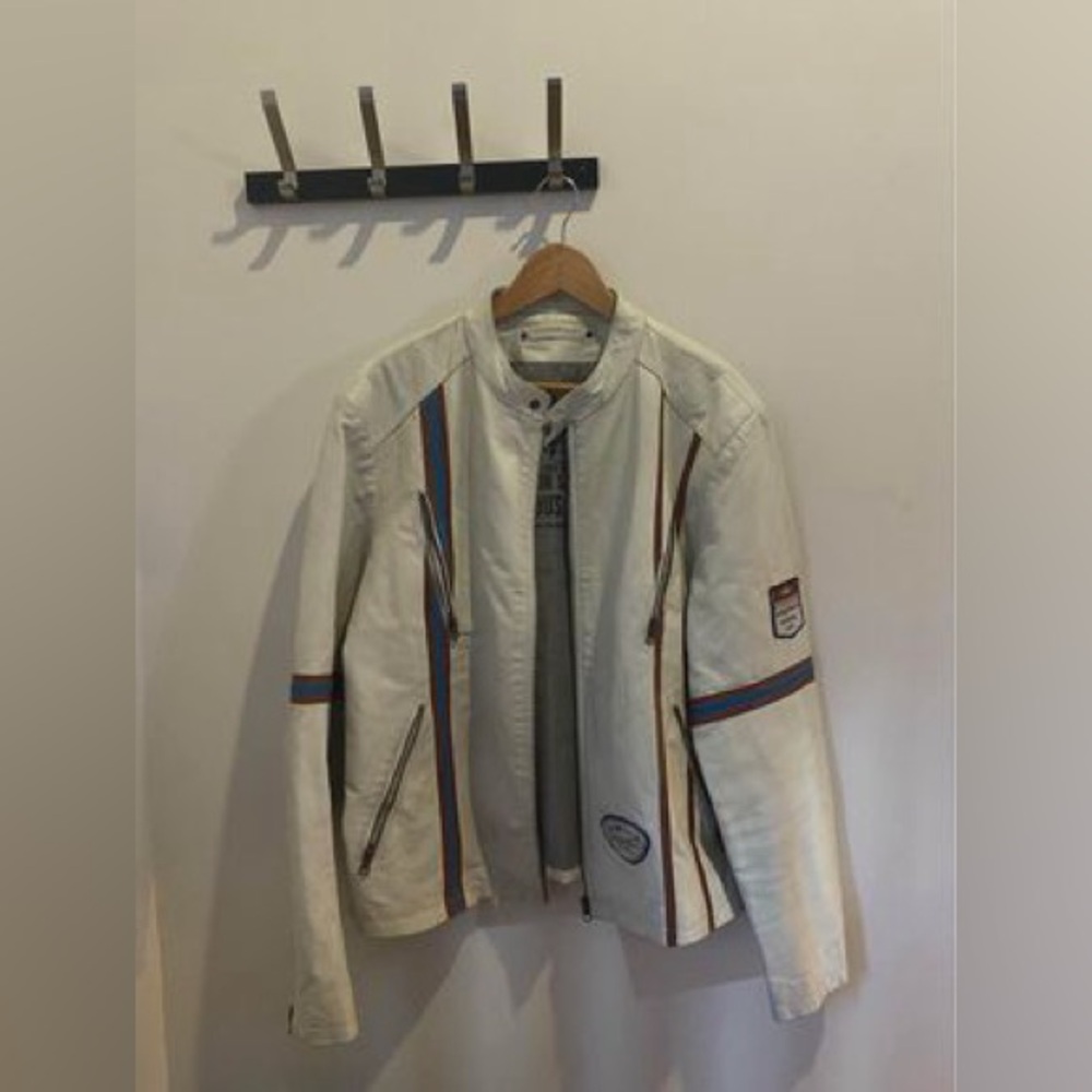 Angelo Litrico beige genuine leather jacket – motorcycle/racing style – XL